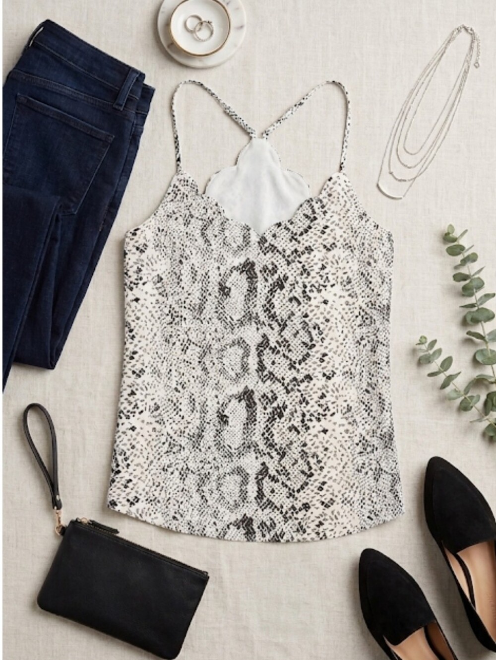 EUC J. Crew Black/Gray and Cream Snake-Print Cami w/Adjustable Straps, Size 4
